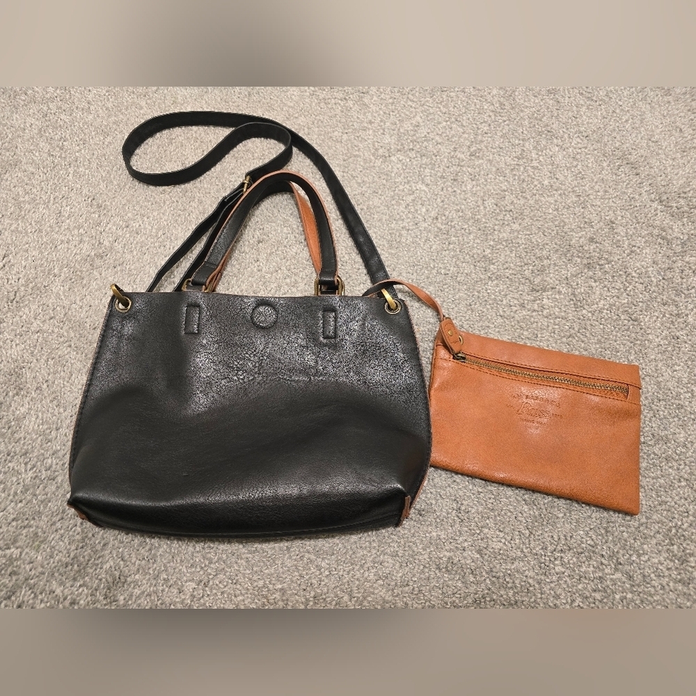 G.H. Bass Leather 2 Piece Handbag & Wristlet Set Black & Brown Chic Boho